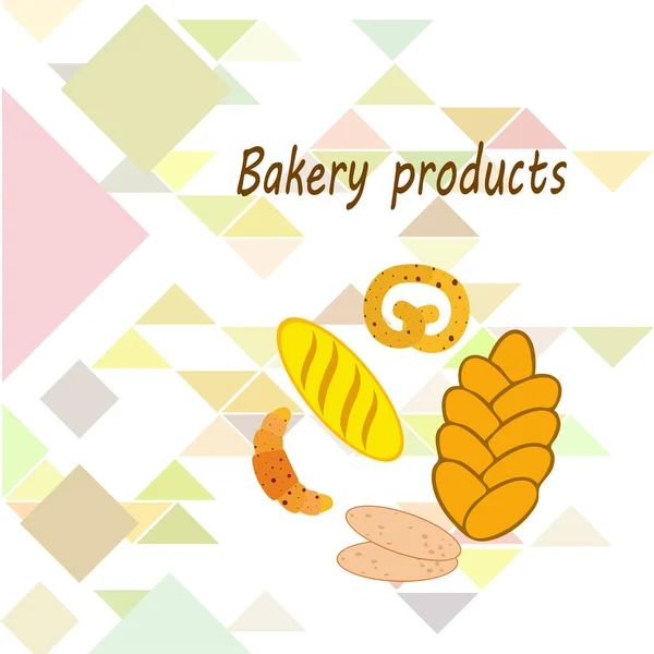 Banner de produtos de padaria, ilustração vetorial. Pão de trigo, pretzel, ciabatta, croissant, baguete francês — Vetor de Stock