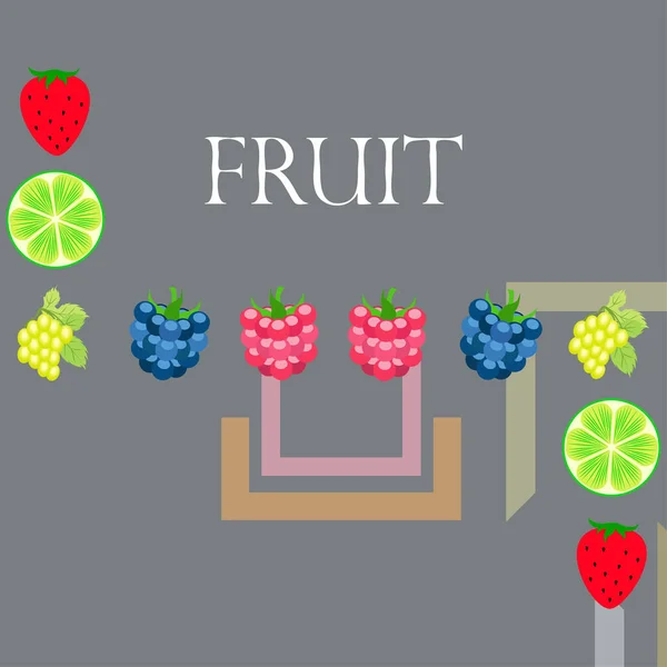 Frutas y bayas. Iconos coloridos de frutas de dibujos animados: mora, frambuesa, uva, fresa, lima. Fondo vectorial . — Vector de stock