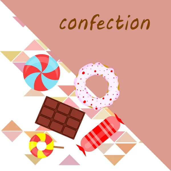 Diferentes dulces fondo colorido. Piruletas, barra de chocolate, caramelos, fondo vectorial . — Vector de stock