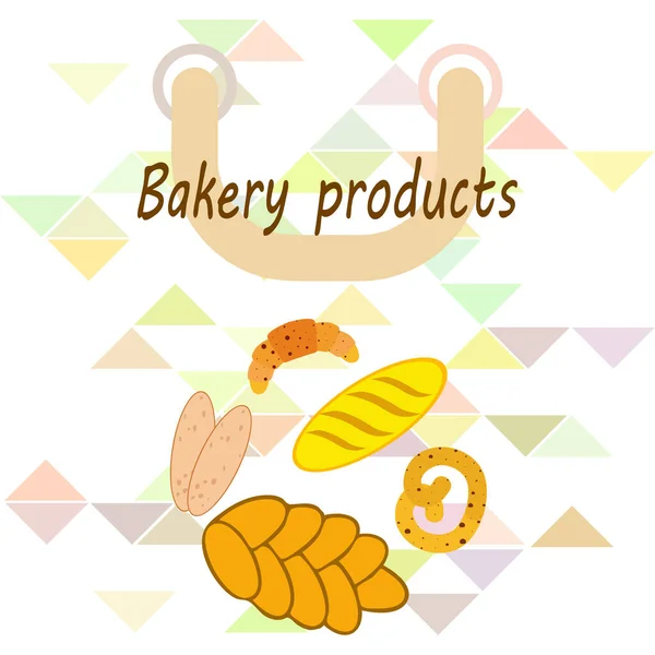 Panificio banner prodotti, illustrazione vettoriale. Pane di grano, pretzel, ciabatta, croissant, baguette alla francese — Vettoriale Stock