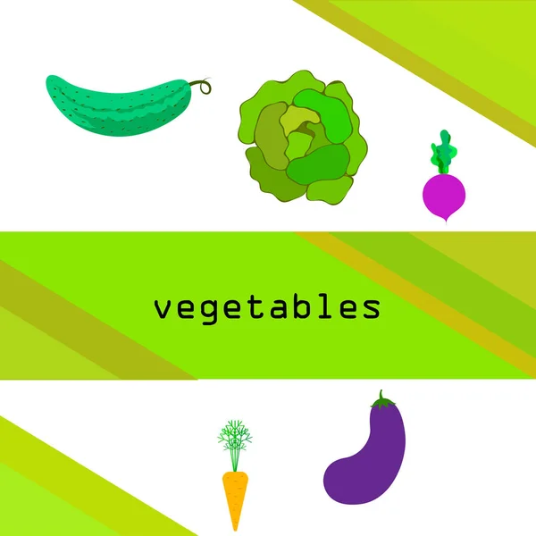 Col, remolacha, zanahoria, berenjena, pepino, verduras frescas. Cartel de alimentos orgánicos. Diseño del mercado de agricultores. Fondo vectorial . — Vector de stock