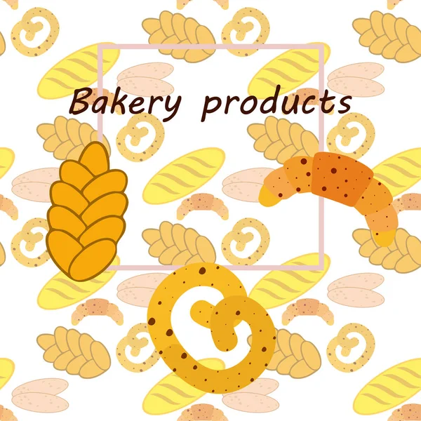 Bageri produkter banner, vektor illustration. Vetebröd, kringla, ciabatta, croissant, fransk baguette — Stock vektor