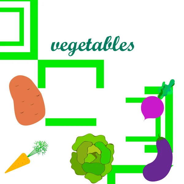 Kool, bieten, wortelen, aubergines, aardappelen, verse groenten. Biologisch voedsel poster. Landbouwmarktordening. Vectorachtergrond. — Stockvector