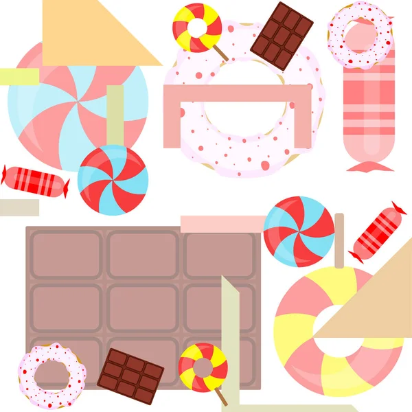 さまざまなお菓子のカラフルな背景。ロリポップ、チョコレートバー、キャンディー、ドーナツ、ベクトルの背景. — ストックベクタ