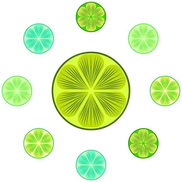 Grüne Hälfte und Limette in Scheiben schneiden. Vektorabbildung, Hintergrund. — Stockvektor