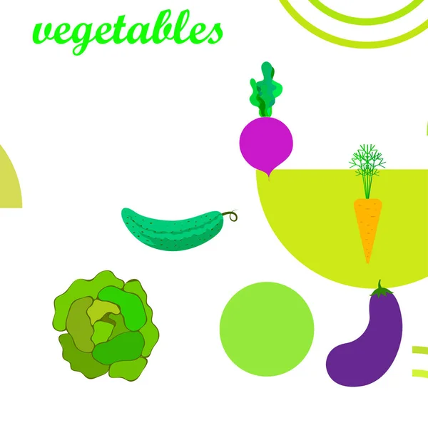 Col, remolacha, zanahoria, berenjena, pepino, verduras frescas. Cartel de alimentos orgánicos. Diseño del mercado de agricultores. Fondo vectorial . — Vector de stock