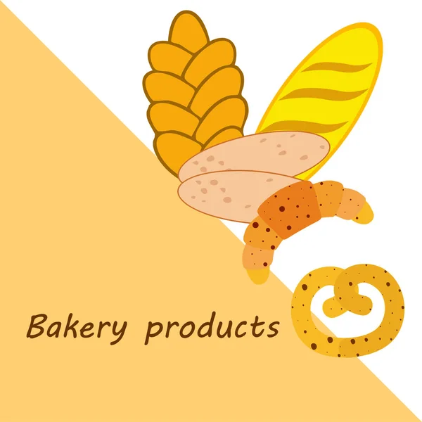 Bakery products banner, vector illustration. Wheat bread, pretzel, ciabatta, croissant, french baguette — Stock Vector