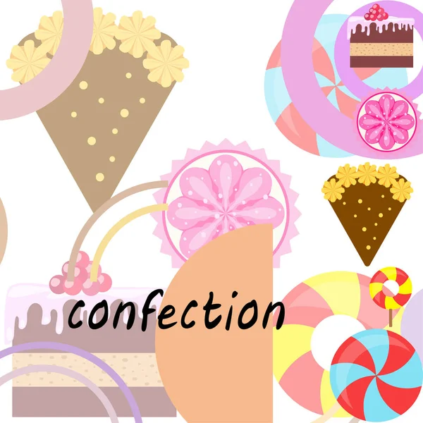 Home bakkerij vector illustratie van verjaardagstaart, capcake en snoep. Ontwerp idee voor poster, kaarten en reclame. — Stockvector