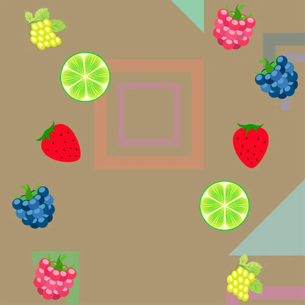 Frutas e bagas. Ícones de frutas de desenhos animados coloridos: amora-preta, framboesa, uva, morango, limão. Fundo vetorial . —  Vetores de Stock