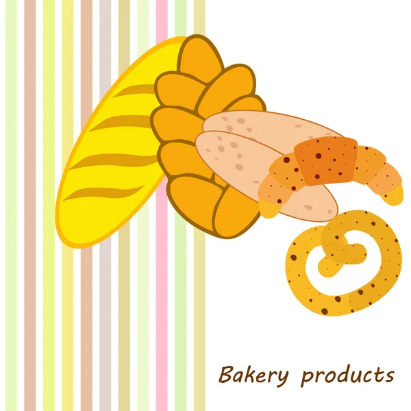 Panificio banner prodotti, illustrazione vettoriale. Pane di grano, pretzel, ciabatta, croissant, baguette alla francese — Vettoriale Stock