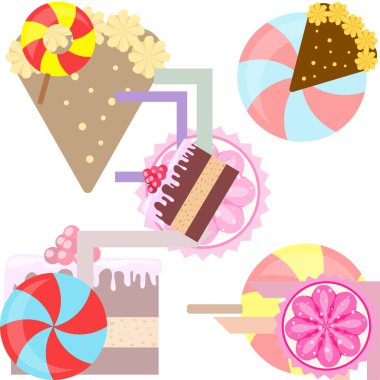 Doğum günü pastası, kapkek ve şekerlerin ev pastası çizimi. Poster, kart ve reklam için tasarım fikri.