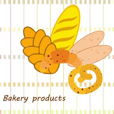 Fırın ürünleri afişi, vektör illüstrasyonu. Buğday ekmeği, kraker, ciabatta, kruvasan, Fransız ekmeği.