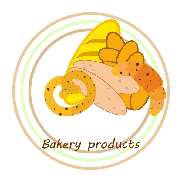 Banner de produtos de padaria, ilustração vetorial. Pão de trigo, pretzel, ciabatta, croissant, baguete francês — Vetor de Stock