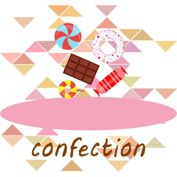 Verschiedene Süßigkeiten bunten Hintergrund. Lutscher, Schokoriegel, Bonbons, Donut, Vektorhintergrund. — Stockvektor