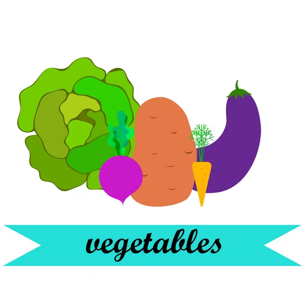 Kohl, Rüben, Karotten, Auberginen, Kartoffeln, frisches Gemüse. Plakat mit Bio-Lebensmitteln. Bauernmarktgestaltung. Vektorhintergrund. — Stockvektor