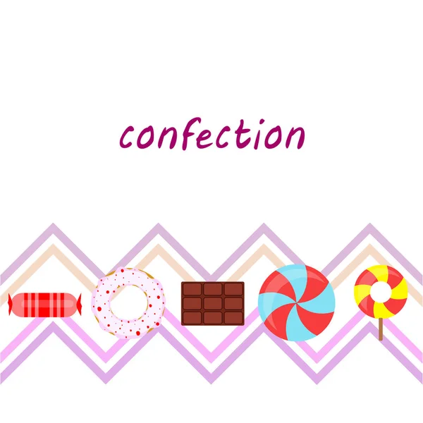 Diferentes dulces fondo colorido. Piruletas, barra de chocolate, caramelos, donut, vector de fondo . — Vector de stock