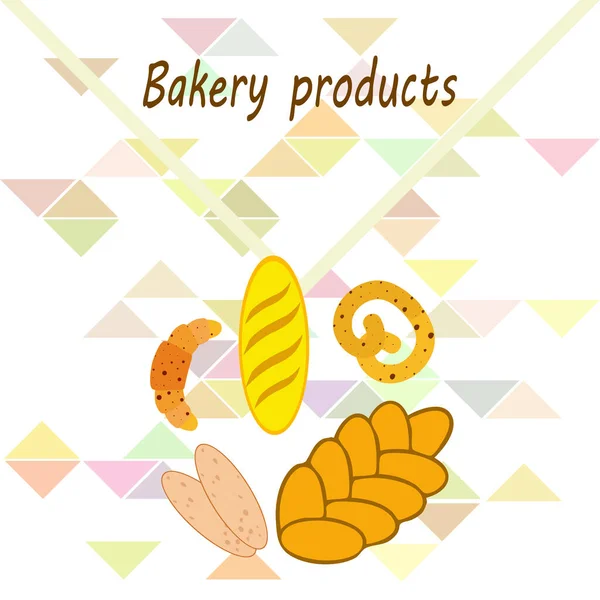 Banner de produtos de padaria, ilustração vetorial. Pão de trigo, pretzel, ciabatta, croissant, baguete francês —  Vetores de Stock