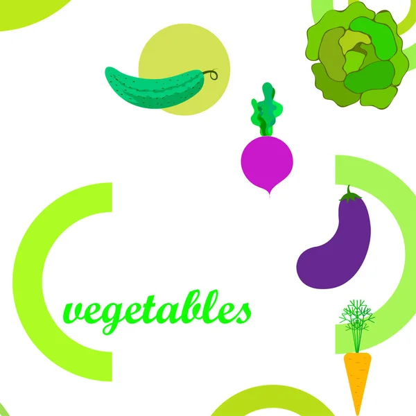 Repolho, beterraba, cenoura, berinjela, pepino, legumes frescos. Cartaz de comida orgânica. Design de mercado de agricultores. Fundo vetorial . — Vetor de Stock