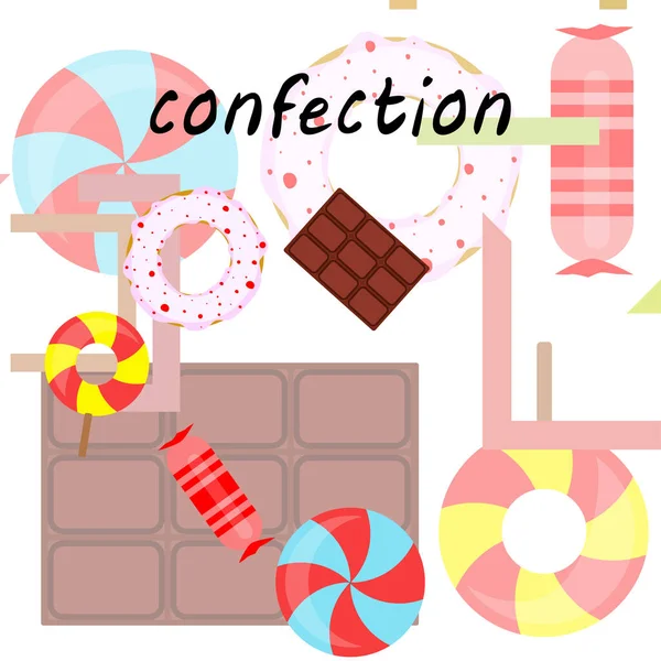 Verschillende snoepjes kleurrijke achtergrond. Lollipops, chocoladereep, snoepjes, donut, vectorachtergrond — Stockvector