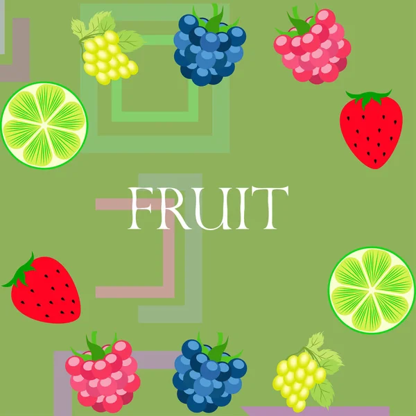 Owoce i jagody. Kolorowe ikony owoców kreskówki: jeżyna, malina, winogrono, truskawka, limonka. Tło wektorowe. — Wektor stockowy