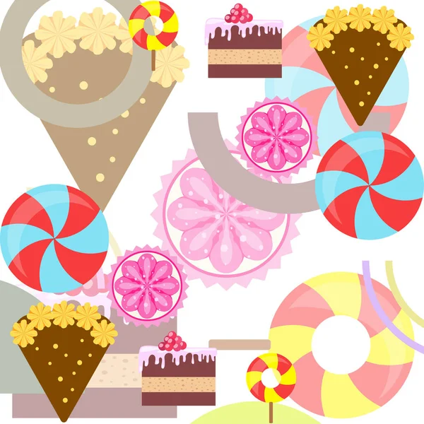 Home bakery vector illustration of birthday cake, capcake and sweets . Design idea for poster, cards and advertisment. — Stock Vector