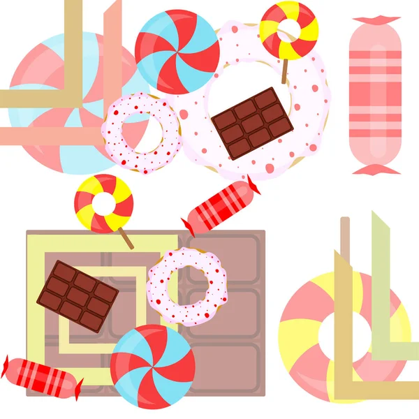 Diferentes dulces fondo colorido. Piruletas, barra de chocolate, caramelos, donut, vector de fondo — Vector de stock