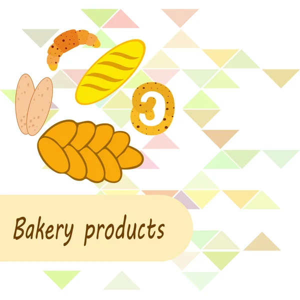 Πανό προϊόντων αρτοποιίας, διανυσματική απεικόνιση. Ψωμί σιταριού, πρέτζελ, τσιαμπάτα, κρουασάν, γαλλική μπαγκέτα — Διανυσματικό Αρχείο
