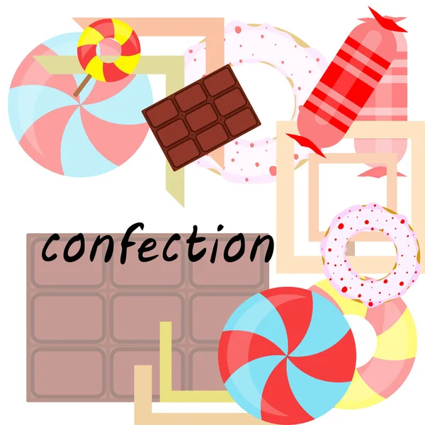 不同的糖果色彩斑斓. 棒棒糖，巧克力棒，糖果，甜甜圈，病媒背景. — 图库矢量图片