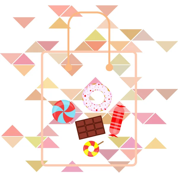 Doces diferentes fundo colorido. Lollipops, barra de chocolate, doces, rosquinha, fundo vetorial . — Vetor de Stock