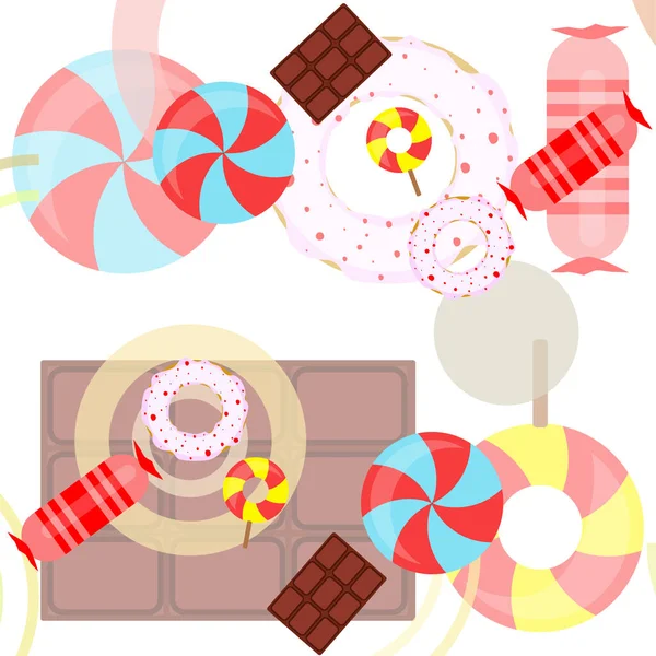 Different sweets colorful background. Lollipops, chocolate bar, candies, donut, vector background. — Stock Vector