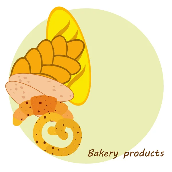 Banner de produtos de padaria, ilustração vetorial. Pão de trigo, pretzel, ciabatta, croissant, baguete francês — Vetor de Stock