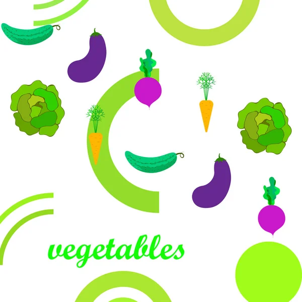 Col, remolacha, zanahoria, berenjena, pepino, verduras frescas. Cartel de alimentos orgánicos. Diseño del mercado de agricultores. Fondo vectorial . — Archivo Imágenes Vectoriales