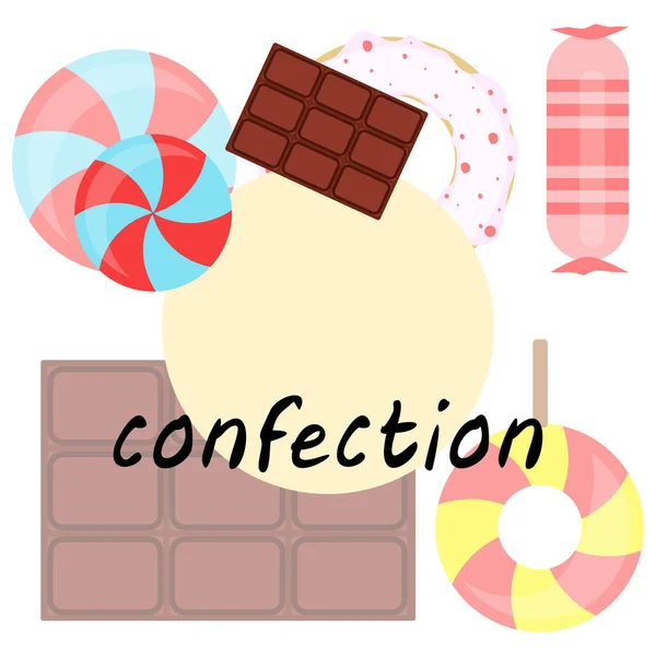 Différents bonbons fond coloré. Sucettes, barre de chocolat, bonbons, beignet, fond vectoriel . — Image vectorielle