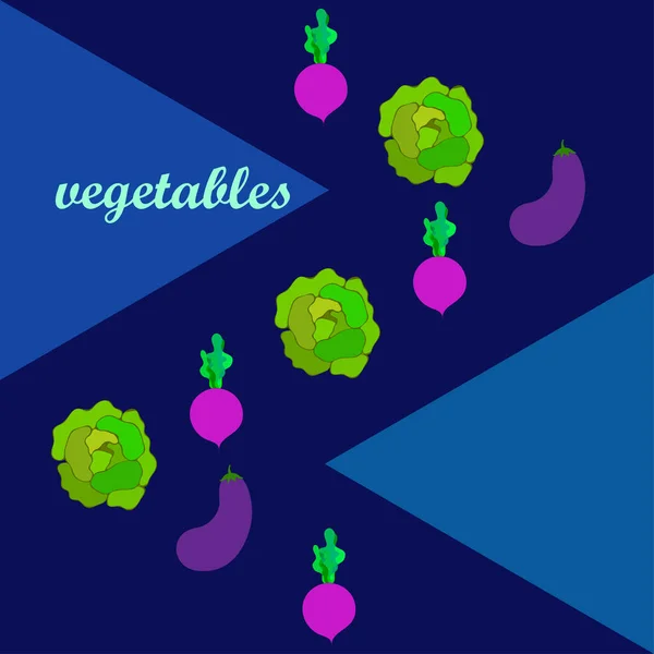 Col, berenjena, remolacha, verduras frescas. Cartel de alimentos orgánicos. Diseño del mercado de agricultores. Fondo vectorial . — Vector de stock