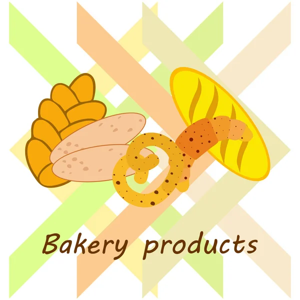 Panificio banner prodotti, illustrazione vettoriale. Pane di grano, pretzel, ciabatta, croissant, baguette alla francese — Vettoriale Stock