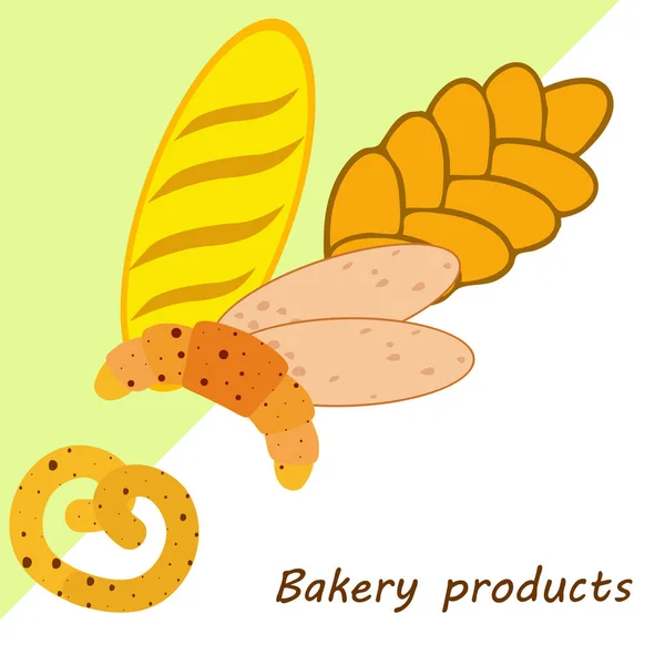 Panificio banner prodotti, illustrazione vettoriale. Pane di grano, pretzel, ciabatta, croissant, baguette alla francese — Vettoriale Stock