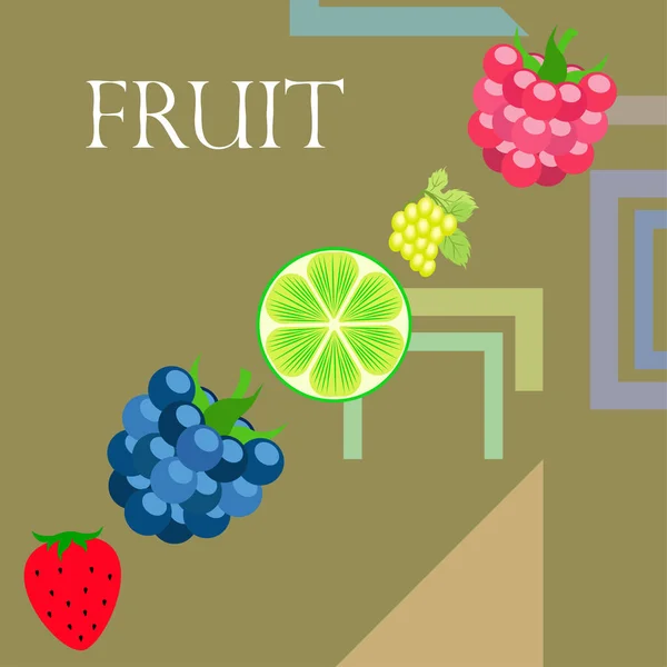 Fruits et baies. icônes colorées de fruits de dessin animé : mûre, framboise, raisin, fraise, citron vert. Fond vectoriel . — Image vectorielle