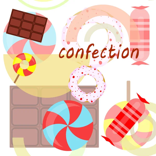 Különböző édességek színes háttér. Nyalókák, csokoládé, cukorka, fánk, vektor háttér. — Stock Vector