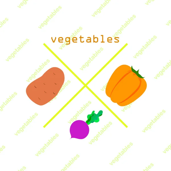 Fresh vegetables. Peppers, beets, potatoes. Organic food poster. Farmers market design. Vector. — ストックベクタ