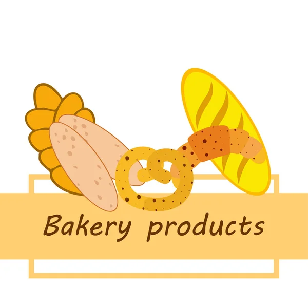 Banner de produtos de padaria, ilustração vetorial. Pão de trigo, pretzel, ciabatta, croissant, baguete francês —  Vetores de Stock