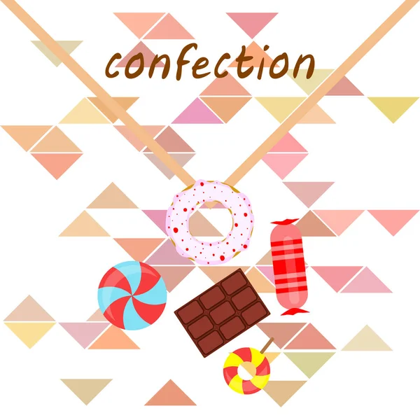 Doces diferentes fundo colorido. Lollipops, barra de chocolate, doces, rosquinha, fundo vetorial . —  Vetores de Stock