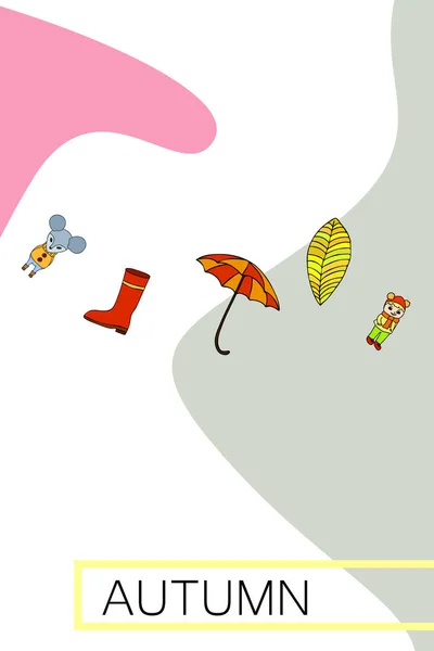 Parasol Souris Fille Bottes Feuille Automne Sur Fond Coloré — Image vectorielle