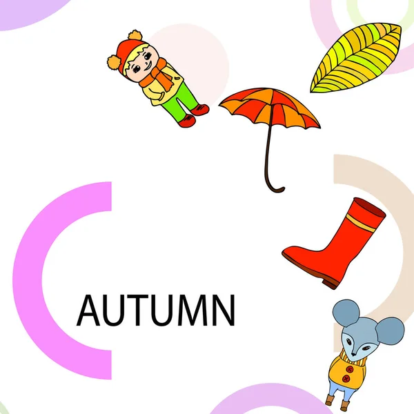 Зонтик Мышь Девушка Сапоги Осенний Лист Красочном Фоне — стоковый вектор