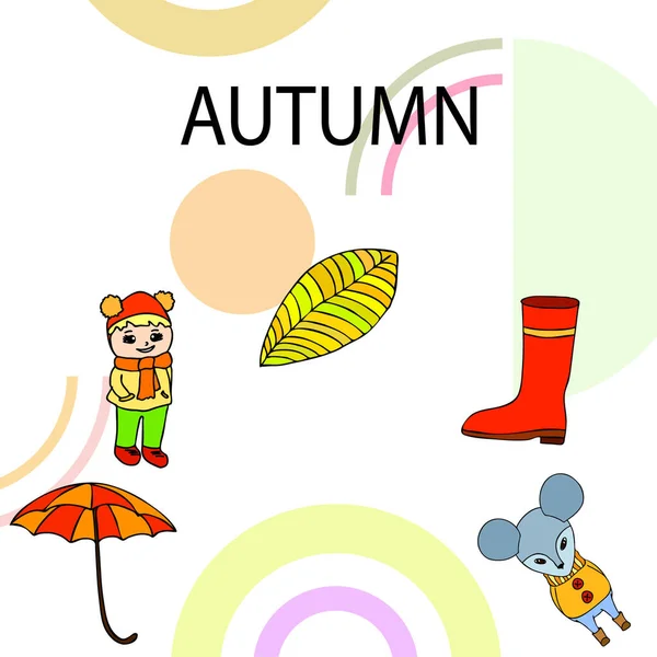 Umbrella Mouse Girl Boots Autumn Leaf Colorful Background — Stock Vector