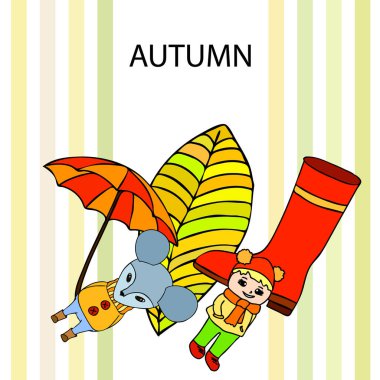 şemsiye, fare, kız, botlar, renkli arkaplanda sonbahar yaprağı