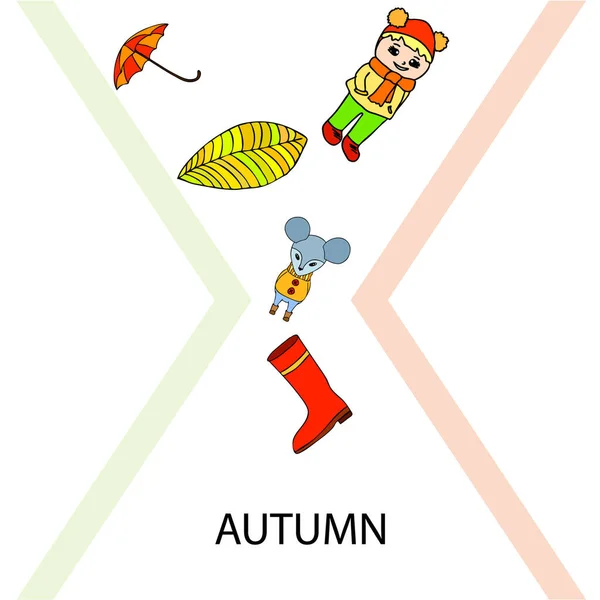 Regenschirm Maus Mädchen Stiefel Herbstblatt Isoliert Auf Weißem Hintergrund — Stockvektor