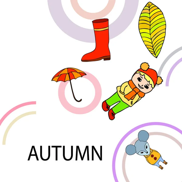 Regenschirm Maus Mädchen Stiefel Herbstblatt Auf Buntem Hintergrund — Stockvektor