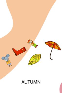 şemsiye, fare, kız, botlar, renkli arkaplanda sonbahar yaprağı