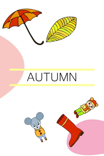 Umbrella Mouse Girl Boots Autumn Leaf Colorful Background — Stock Vector