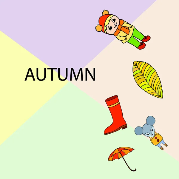 Regenschirm Maus Mädchen Stiefel Herbstblatt Isoliert Auf Weißem Hintergrund — Stockvektor